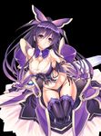  1girl armor black_background black_hair black_panties breasts cleavage date_a_live dress highres inoino large_breasts long_hair looking_at_viewer panties purple_eyes purple_hair side-tie_panties solo sword thigh_gap thighhighs thighs underwear undressing weapon yatogami_tooka 