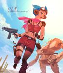  :d abs absurdres belt blue_eyes blue_hair blue_sky breasts cactus character_name chill cloud day desert dutch_angle english epic fingerless_gloves gloves goggles goggles_on_head good_end gun headgear highres holster mecha medium_breasts navel older open_mouth pink_scarf red_shorts scarf science_fiction sentou_mecha_xabungle shorts skorpion_vz._61 sky smile spoilers standing standing_on_one_leg submachine_gun toned umeno_ryuuji walker weapon wristband 