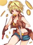  bare_shoulders belt blonde_hair blush coin gloves mataichi_mataro midriff ole_tower phillips_screwdriver_(ole_tower) red_eyes reverse_grip screwdriver short_hair side_ponytail smile solo tools 