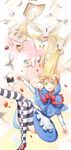  alice_in_wonderland apron bad_id bad_pixiv_id bird blonde_hair book bow bunny cake cape cup dove falling food green_eyes mary_janes necktie open_mouth original panda_(pandadesu) shoes skirt solo striped striped_legwear teacup thighhighs 