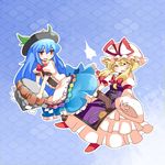  :d bad_id bad_pixiv_id blonde_hair blue_hair blush boots bow closed_eyes commentary_request dress flying_kick frills hair_ribbon hammer_(sunset_beach) hat hinanawi_tenshi keystone kicking long_hair multiple_girls open_mouth red_eyes ribbon scarlet_weather_rhapsody sidelocks skirt smile touhou v-shaped_eyebrows white_dress wince yakumo_yukari 