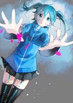  ahoge black_legwear blue_eyes blue_hair ene_(kagerou_project) headphones highres kagerou_project long_hair looking_at_viewer outstretched_hand pine_(yellowpine112) pleated_skirt short_hair skirt solo thighhighs twintails zettai_ryouiki zipper 