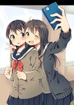  ;d ahoge arm_up bangs black_skirt blush brown_eyes brown_hair buttons cardigan cellphone eyebrows_visible_through_hair hachiko_(hati12) hair_between_eyes holding holding_cellphone holding_phone hug indoors letterboxed long_hair long_sleeves looking_to_the_side multiple_girls one_eye_closed open_cardigan open_clothes open_mouth original phone pleated_skirt school_uniform self_shot serafuku short_hair skirt smartphone smile sweater v window 