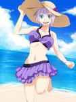  1girl :d bare_shoulders barefoot beach bikini bikini_skirt blue_eyes breasts cleavage collarbone dutch_angle fairy_tail front-tie_top hand_on_headwear happy hat highres large_breasts lavender_hair lisanna lisanna_strauss looking_at_viewer midriff navel ocean open_mouth short_hair silver_hair smile solo standing_on_one_leg sun_hat swimsuit vector_trace water 