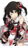  ;p bangs black_hair brown_eyes elbow_gloves gloves kantai_collection looking_at_viewer ogipote one_eye_closed remodel_(kantai_collection) scarf sendai_(kantai_collection) short_hair solo tongue tongue_out torpedo two_side_up white_scarf 