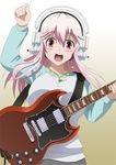  blush breasts derivative_work electric_guitar guitar headphones highres instrument large_breasts long_hair looking_at_viewer music nagi_kurage nitroplus open_mouth pink_hair playing_instrument red_eyes sg solo super_sonico 