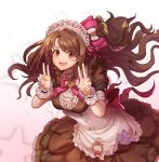  absurdres alternate_costume blush brown_dress brown_eyes brown_hair corset double_v dress enmaided highres idolmaster idolmaster_cinderella_girls idolmaster_cinderella_girls_starlight_stage j3men long_hair looking_at_viewer maid maid_headdress open_mouth puffy_short_sleeves puffy_sleeves shimamura_uzuki short_sleeves smile solo star starry_background v wrist_cuffs 