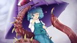  ;p bad_id bad_pixiv_id blood bloody_tears blue_eyes blue_hair commentary draw-till-death heart karakasa_obake one_eye_closed saliva shirt short_hair skirt solo spikes tatara_kogasa tongue tongue_out touhou umbrella vest 