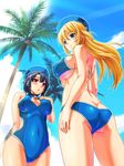  ass atago_(kantai_collection) black_hair blonde_hair breasts cameltoe from_below green_eyes hat highres kantai_collection large_breasts long_hair multiple_girls palm_tree red_eyes short_hair swimsuit takao_(kantai_collection) tree urase_shioji 