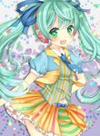  green_eyes green_hair hair_ribbon harukaruha hatsune_miku headphones long_hair looking_at_viewer necktie open_mouth project_diva_(series) project_diva_f_2nd ribbon shake_it!_(vocaloid) skirt solo star star-shaped_pupils symbol-shaped_pupils twintails vocaloid 