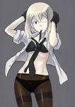  black_bra black_gloves black_legwear black_neckwear black_panties blonde_hair bow bow_panties bra breasts brown_legwear buttons cleavage collarbone colored_eyelashes cowboy_shot crotch_seam dress_shirt dressing erica_(naze1940) female_admiral_(kantai_collection) gloves grey_background hands_on_own_head highres kantai_collection lace lace-trimmed_bra long_sleeves looking_at_viewer medium_breasts mouth_hold navel necktie one_eye_closed open_clothes open_shirt original pale_skin panties panties_under_pantyhose pantyhose purple_eyes shirt short_hair simple_background sleeves_pushed_up solo underwear 