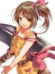  apron bare_shoulders bow brown_eyes brown_hair gloves hammer hammer_(ole_tower) mataichi_mataro nail ole_tower pink_bow short_hair side_ponytail solo 