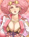  afro bad_id bad_pixiv_id big_hair bra breasts brown_eyes cleavage comb cropped_jacket eyelashes eyeshadow hair_ornament heart heart_background koshoushou large_breasts lips lipstick makeup maou_alba pink_hair puckered_lips sengoku_musou sengoku_musou_4 solo strapless strapless_bra underwear 