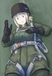  black_gloves blonde_hair commentary_request erica_(naze1940) fallschirmhelm fallschirmjager germany gloves grass hand_on_own_chest helmet jacket long_sleeves luftwaffe lying military military_uniform on_back open_mouth original parachute purple_eyes short_hair solo stahlhelm strap swastika uniform world_war_ii 