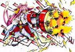  1girl belt blazblue bow cat_ears cat_tail catgirl eudetenis gatling_gun gun huge_weapon kokonoe lab_coat labcoat multiple_tails navel pink_hair sandals tail weapon 