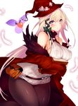  age_of_ishtaria bare_shoulders belt_pouch blue_eyes blush book bow breasts brown_legwear covered_nipples cowboy_shot feathers fur_trim hair_bow hat inayama large_breasts long_hair looking_at_viewer meru_(age_of_ishtaria) pantyhose pouch ribbed_sweater solo sweater very_long_hair white_background witch_hat 