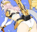  ass back bare_shoulders blue_background blue_hair bracer choker elbow_gloves excavator from_behind gloves gradient_hair headgear leaning leaning_forward long_hair looking_back machinery manabebebe mini_excavator_(ole_tower) multicolored_hair ole_tower open_mouth orange_eyes panties pink_hair simple_background solo tail underwear very_long_hair white_gloves white_panties 