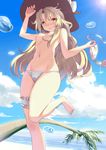  beach bikini_top_removed blonde_hair blue_sky blush breasts cloud day hat highres kirisame_marisa leg_garter long_hair looking_at_viewer navel nipples ocean outdoors palm_tree pose sky small_breasts smile solo standing standing_on_one_leg star star_print summer sun_hat swimsuit topless touhou tree very_long_hair witch_hat worldless yellow_eyes 