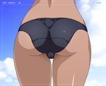  ass cameltoe cloud dark_skin day highres nakamura_yukitoshi original shiny shiny_skin short_shorts shorts sky solo sports_bikini swimsuit thigh_gap viewfinder wedgie 