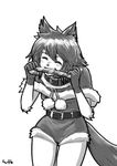  animal_ears candy candy_cane closed_eyes collar cowboy_shot dog_ears dog_tail eating food fur fur_trim gloves greyscale kobold lutherniel monochrome monster_musume_no_iru_nichijou polt santa_costume signature sketch solo tail 