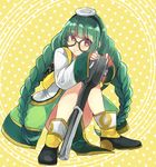  ankle_boots blush boots braid dress glasses green_hair hairband knees_together_feet_apart knees_touching long_hair long_sleeves looking_at_viewer nakagomiyuki415 ole_tower red_eyes smile socket_wrench socket_wrench_(ole_tower) solo squatting twin_braids very_long_hair 