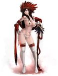  1girl black_hair bra breasts cleavage gloves jewelry kingdom_death lokman_lam long_hair lots_of_jewelry panties solo tattoo thighhighs underwear 