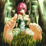  bare_shoulders barefoot bracelet feet grass green_eyes grin gundam00uc highres jewelry looking_at_viewer nature panties pantyshot pink_hair pov_feet relaxed self_fondle short_hair sitting_on_ground smile soles solo toe_scrunch toenails toes tree underwear wiggling_toes 
