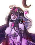  ^_^ apophis_(monster_girl_encyclopedia) armlet black_hair blush breasts closed_eyes earrings forehead_jewel happy jewelry lamia large_breasts lip_piercing long_hair monorus monster_girl monster_girl_encyclopedia nipple_tassels piercing pointy_ears purple_skin smile solo tiara very_long_hair 