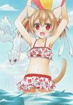  :d animal_ears armpits arms_up ball beachball bikini brown_hair cat_ears cat_tail cloud cloudy_sky day dragon fujiwara_minaho hair_ribbon looking_at_viewer marker_(medium) navel ocean open_mouth partially_submerged pina_(sao) red_eyes ribbon short_hair silica silica_(sao-alo) sky smile swimsuit sword_art_online tail traditional_media twintails watermark white_bikini 