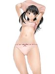  armpits arms_up black_hair bra cinderella_bust cowboy_shot flat_chest highres hitori_(htr_t) long_coat looking_at_viewer md5_mismatch navel original panties pink_bra pink_panties ribbon-trimmed_underwear ribbon_trim solo training_bra two_side_up underwear underwear_only undressing white_background 