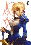 ahoge artoria_pendragon_(all) blonde_hair breasts cleavage cleavage_cutout command_spell corset dress excalibur fate/stay_night fate_(series) green_eyes hair_bun huge_ahoge long_sleeves medium_breasts planted_weapon puffy_long_sleeves puffy_sleeves saber sidelocks signature solo sowel_(sk3) sword weapon white_background 