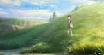  anna_(omoide_no_marnie) arata_yokoyama bad_id bad_pixiv_id blue_sky brown_hair cloud day fence flower grass hill looking_afar omoide_no_marnie outdoors overalls river scenery short_hair sketchbook sky standing tree turtleneck very_wide_shot water wooden_fence 