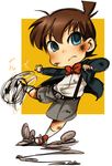  1boy ball blue_eyes bow bowtie brown_hair edogawa_conan injury kyuura-jii male male_focus meitantei_conan pointing shorts soccer_ball suspenders 