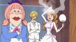  1boy 2girls animated animated_gif blonde_hair blush brown_eyes brown_hair charlotte_chiffon charlotte_pudding female long_hair moaning multiple_girls one_piece sanji short_hair siblings sisters smile standing sweat twintails 