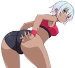  ass bent_over dark_skin earrings gradient_hair highres jewelry looking_at_viewer looking_back multicolored_hair nakamura_yukitoshi original purple_eyes shiny shiny_skin short_hair short_shorts shorts silver_hair simple_background sketch solo track_suit white_background wristband 