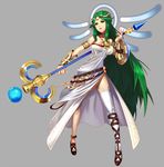  1girl bridal_gauntlets female green_hair jewelry kid_icarus long_hair lots_of_jewelry lvlv palutena sandals shield single_thighhigh solo staff thighhighs very_long_hair 