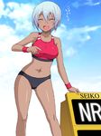  ^_^ blue_sky breasts closed_eyes cloud contrapposto dark_skin day fang gradient_hair happy highres large_breasts multicolored_hair nakamura_yukitoshi original pointing short_hair short_shorts shorts sign silver_hair sky smile solo sports_bikini sports_bra standing tan wristband 