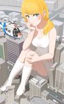  aircraft blonde_hair blue_eyes car city destruction giantess ground_vehicle helicopter highres leg_hug long_hair motor_vehicle original ponytail sitting socks solo uru_(uru0000) 