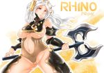  areolae armlet axe bare_shoulders breasts cameltoe genderswap genderswap_(mtf) hair_ornament highleg large_breasts long_hair maboroshi_kirin navel red_eyes rhino_(warframe) spread_legs standing underboob warframe weapon white_hair 