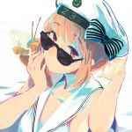  1girl bangs blunt_bangs bow brown_eyes brown_hair close-up closed_mouth clothes_writing eyebrows_visible_through_hair food hat holding holding_food ice_cream kantai_collection looking_at_viewer peaked_cap sailor_collar sailor_hat short_hair simple_background solo sunglasses swimsuit white_background white_sailor_collar you_(yawnmgmg) z3_max_schultz_(kantai_collection) 