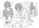  2boys bad_id bad_pixiv_id black_cat bunny cat comic greyscale hair_ornament hairclip hamster kagerou_project kangmoro kisaragi_shintarou long_hair monochrome multiple_boys scarf seto_kousuke short_hair tateyama_ayano translated 