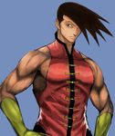  bangs bridal_gauntlets brown_hair chinese_clothes elbow_gloves gloves goat_(121516haihun) hair_over_one_eye hands_on_hips male_focus muscle sleeveless solo street_fighter yang_lee 
