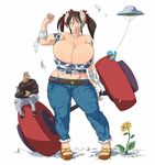  1girl belt breasts brown_hair cleavage cow_girl cow_girl_(hataraki) curvy dumbbell flower gigantic_breasts hataraki_ari horns kite looking_at_viewer minotaur muscle sandals simple_background sukimi_(hataraki) thick_thighs thighs ufo white_background wide_hips 