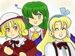  blonde_hair blush_stickers closed_eyes dai3wakusei demon_wings elly green_eyes green_hair hair_ribbon hat kazami_yuuka kazami_yuuka_(pc-98) kurumi_(touhou) multiple_girls plaid plaid_vest red_eyes ribbon shirt suspenders takemoto_izumi_(style) touhou touhou_(pc-98) vest wings 