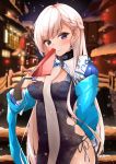  1girl absurdres architecture azur_lane belfast_(azur_lane) belfast_(iridescent_rose)_(azur_lane) black_gloves blush braid breasts bridge chains chinese_clothes cleavage_cutout collar cowboy_shot dress earrings east_asian_architecture eyebrows_visible_through_hair fan fingerless_gloves folding_fan gloves highres jewelry lantern long_hair long_sleeves looking_at_viewer medium_breasts night panties purple_eyes ryou_(ryo_217cafe) sash side-tie_panties side_cutout side_slit silver_hair smile snow solo standing underwear 