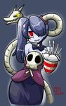  absurdres arm_behind_back bare_shoulders blue_hair blue_skin blush bone detached_sleeves hair_over_one_eye highres leviathan_(skullgirls) long_hair mister_x_(shojinn) red_eyes side_ponytail skullgirls smile solo squigly_(skullgirls) stitched_mouth stitches striped_sleeves waving wide_hips zombie 