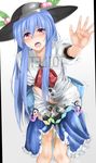  blue_hair blush food fruit hat highres hinanawi_tenshi jewelry long_hair looking_at_viewer momoiro_lettuce open_mouth peach pee peeing peeing_self puffy_short_sleeves puffy_sleeves red_eyes ring shirt short_sleeves skirt solo tears textless touhou trembling very_long_hair 