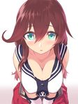  aqua_eyes blew_andwhite blush breasts brown_eyes cleavage face highres kantai_collection large_breasts leaning_forward long_hair looking_at_viewer noshiro_(kantai_collection) school_uniform serafuku skirt solo v_arms white_background 