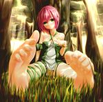  :&lt; bare_shoulders barefoot bracelet feet grass green_eyes gundam00uc highres jewelry looking_at_viewer nature nervous pink_hair pov_feet self_fondle short_hair sitting sitting_on_ground soles solo toe_scrunch toenails toes tree wiggling_toes 