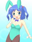  animal_ears aqua_eyes bare_arms bare_shoulders black_legwear black_ribbon blue_eyes blue_hair blue_leotard blue_neckwear blue_ribbon blush breasts bubble bunny_ears bunny_girl bunny_tail bunnysuit choker circle cleavage gradient gradient_background hair_bobbles hair_ornament hand_to_own_mouth kawashiro_nitori leotard looking_at_viewer medium_breasts neck_ribbon open_mouth pantyhose ribbon short_hair smile solo tail touhou two_side_up wrist_cuffs 